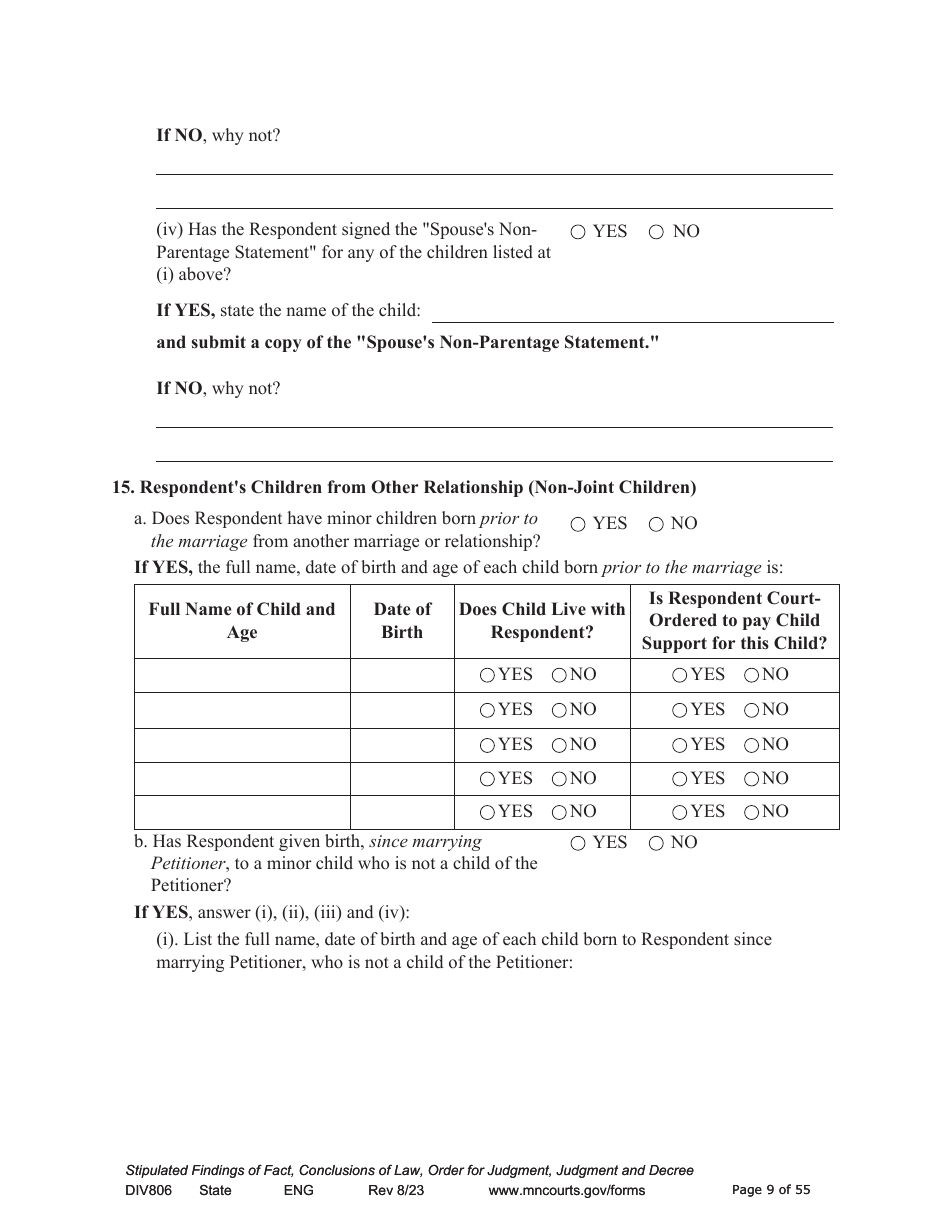 Form DIV806 Stipulated Findings of Fact, Conclusions of Law, Order for and Judgment, Judgment and Decree - Minnesota, Page 9