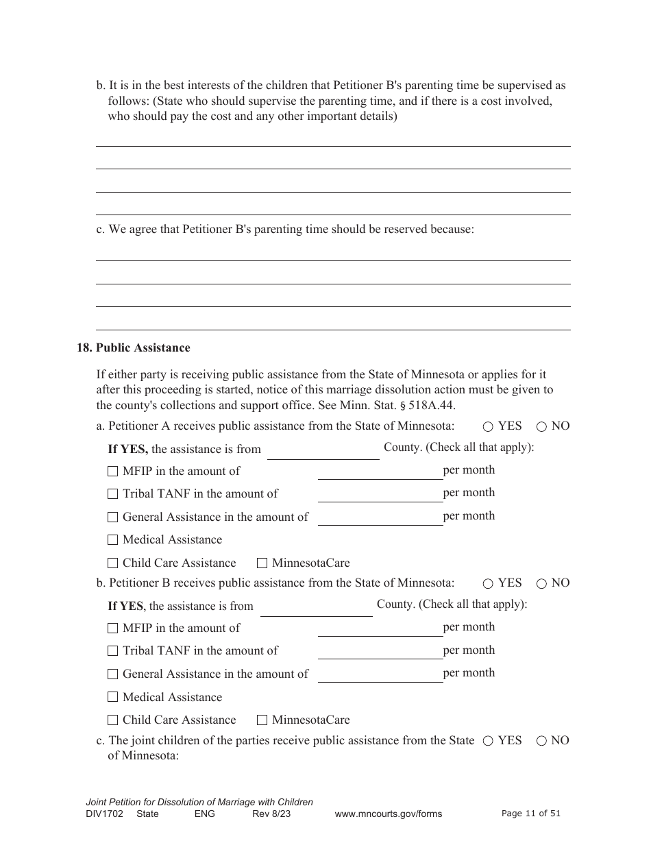 Form DIV1702 Joint Petition, Agreement, and Judgment and Decree for Marriage Dissolution With Children - Minnesota, Page 11