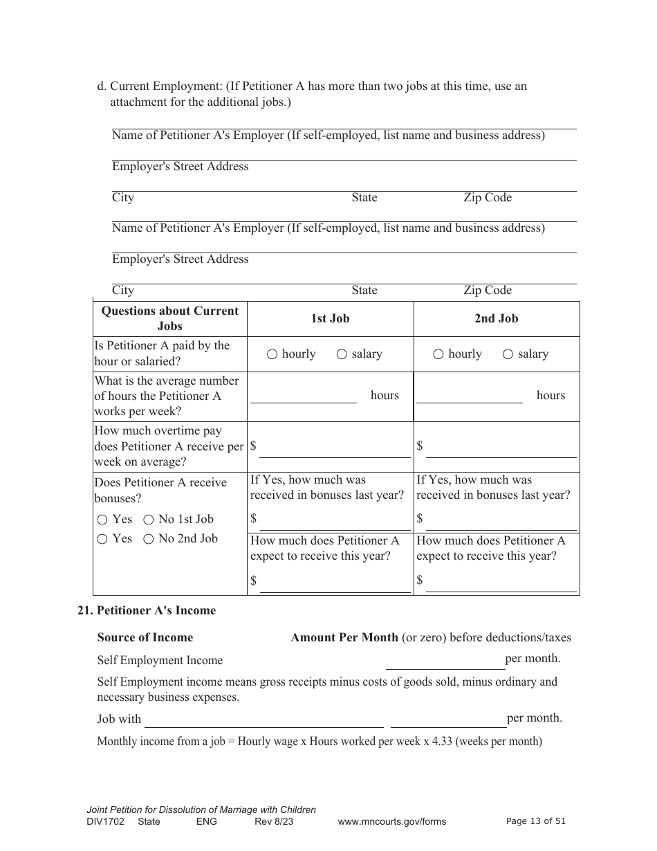 Form DIV1702 Joint Petition, Agreement, and Judgment and Decree for Marriage Dissolution With Children - Minnesota, Page 13