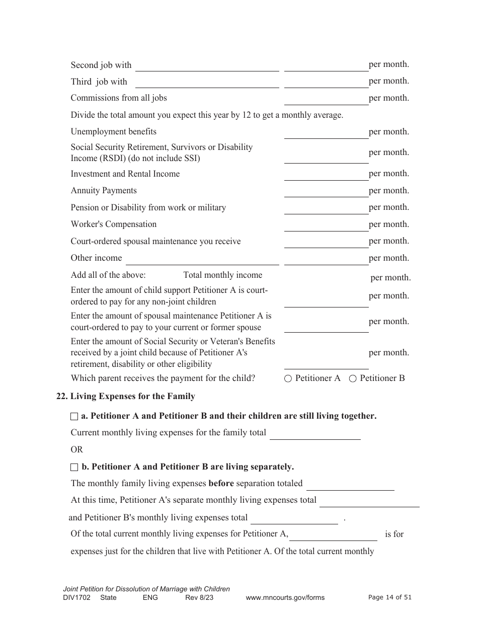 Form DIV1702 Joint Petition, Agreement, and Judgment and Decree for Marriage Dissolution With Children - Minnesota, Page 14