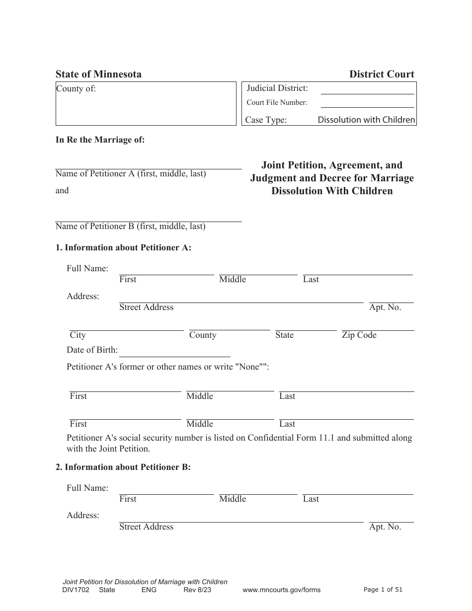 Form DIV1702 Joint Petition, Agreement, and Judgment and Decree for Marriage Dissolution With Children - Minnesota, Page 1