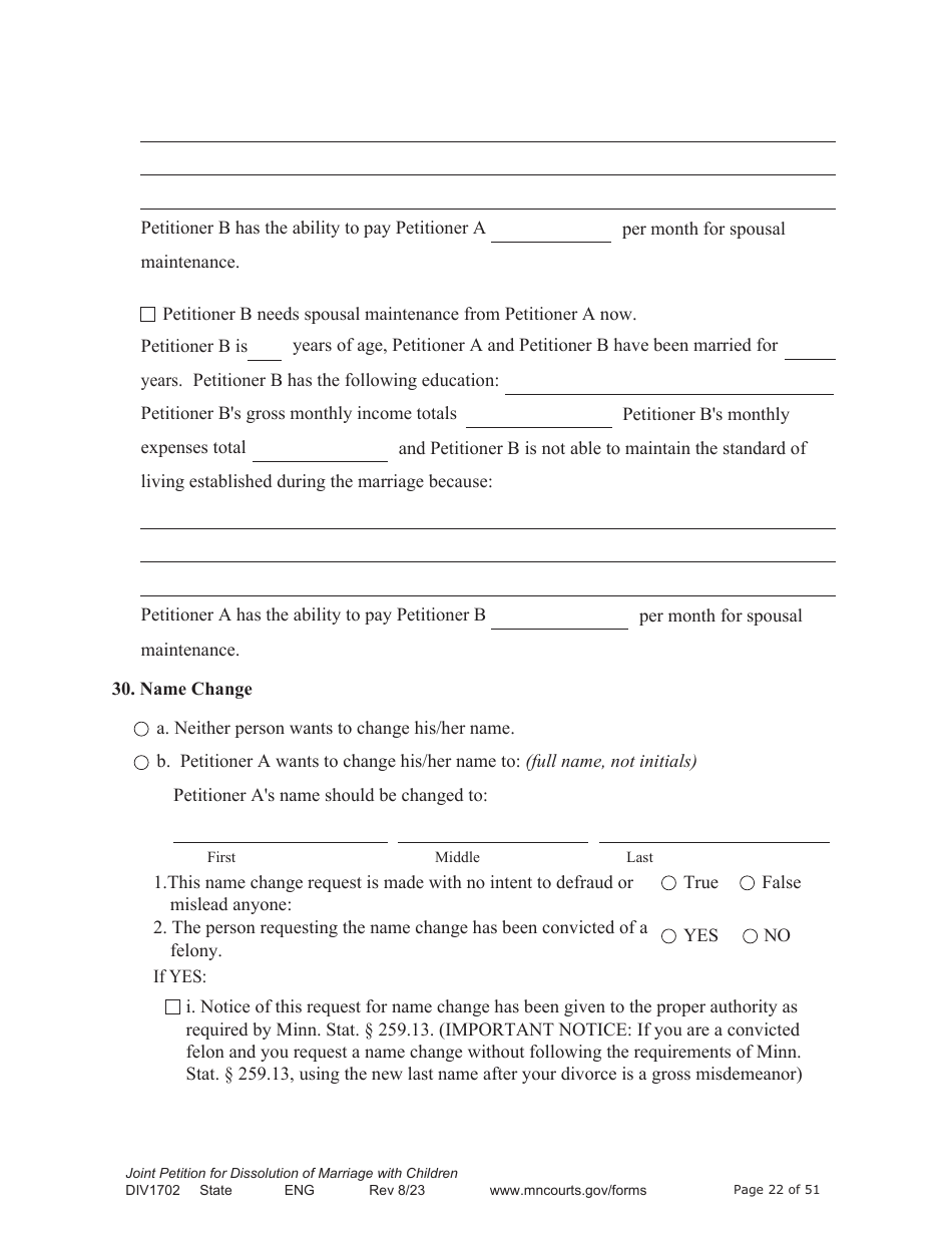 Form DIV1702 Joint Petition, Agreement, and Judgment and Decree for Marriage Dissolution With Children - Minnesota, Page 22