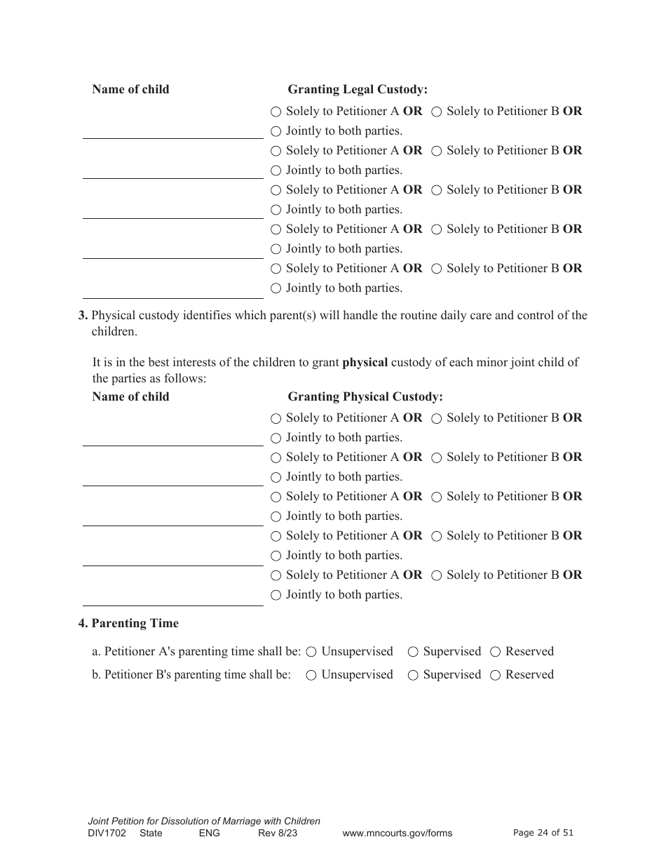 Form DIV1702 Joint Petition, Agreement, and Judgment and Decree for Marriage Dissolution With Children - Minnesota, Page 24