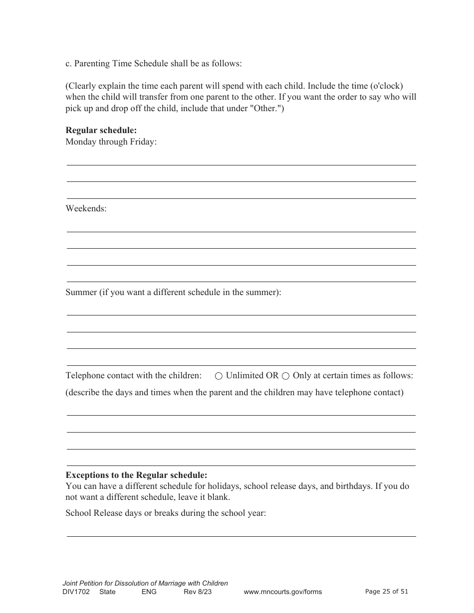 Form DIV1702 Joint Petition, Agreement, and Judgment and Decree for Marriage Dissolution With Children - Minnesota, Page 25