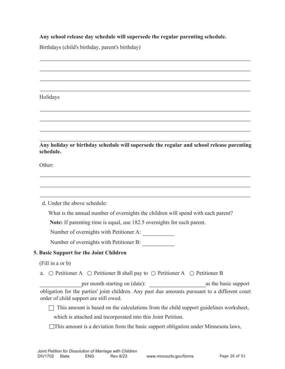 Form DIV1702 Joint Petition, Agreement, and Judgment and Decree for Marriage Dissolution With Children - Minnesota, Page 26
