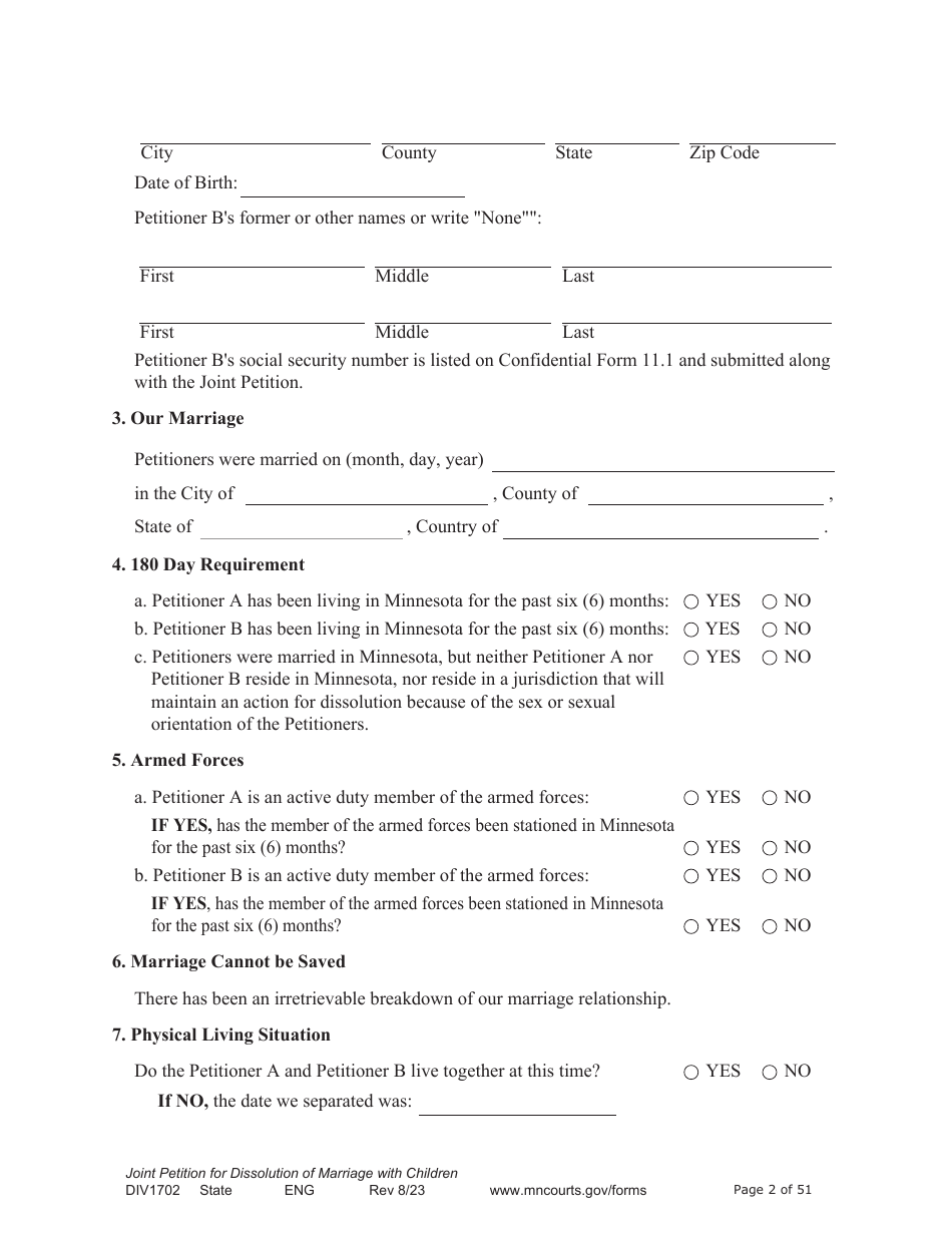 Form DIV1702 Joint Petition, Agreement, and Judgment and Decree for Marriage Dissolution With Children - Minnesota, Page 2
