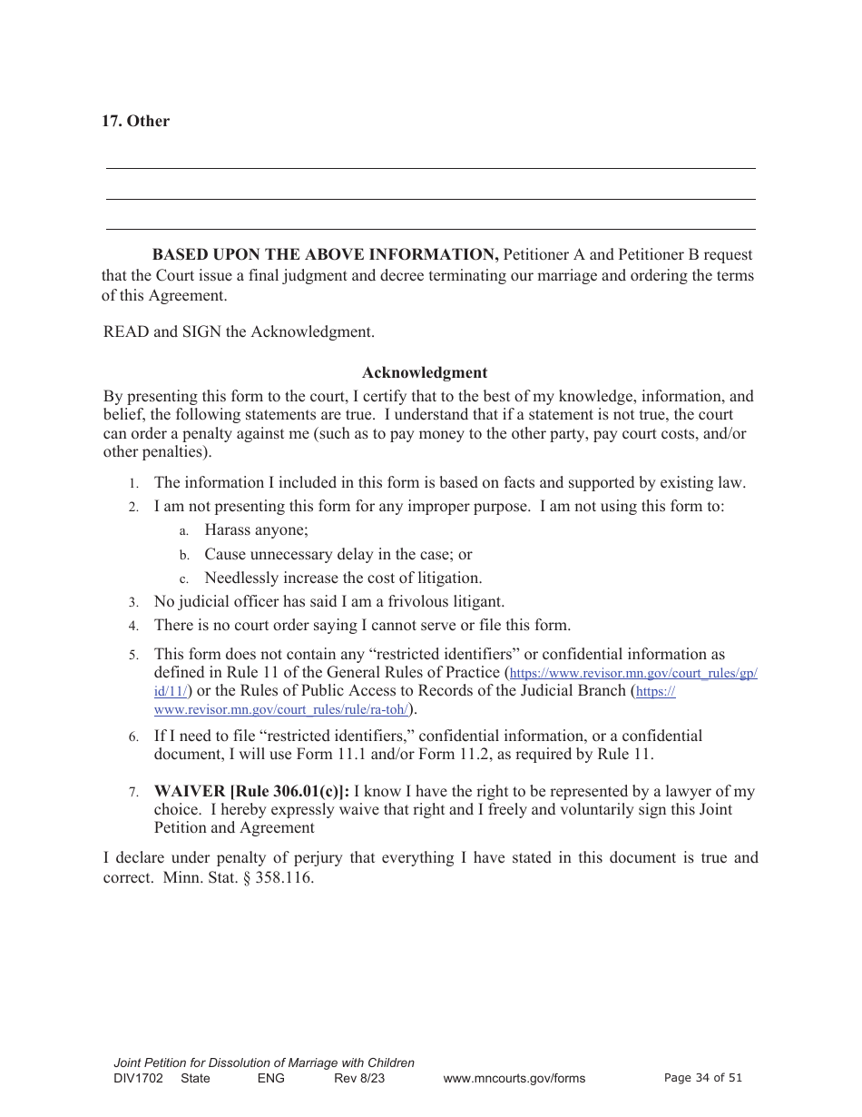 Form DIV1702 Joint Petition, Agreement, and Judgment and Decree for Marriage Dissolution With Children - Minnesota, Page 34