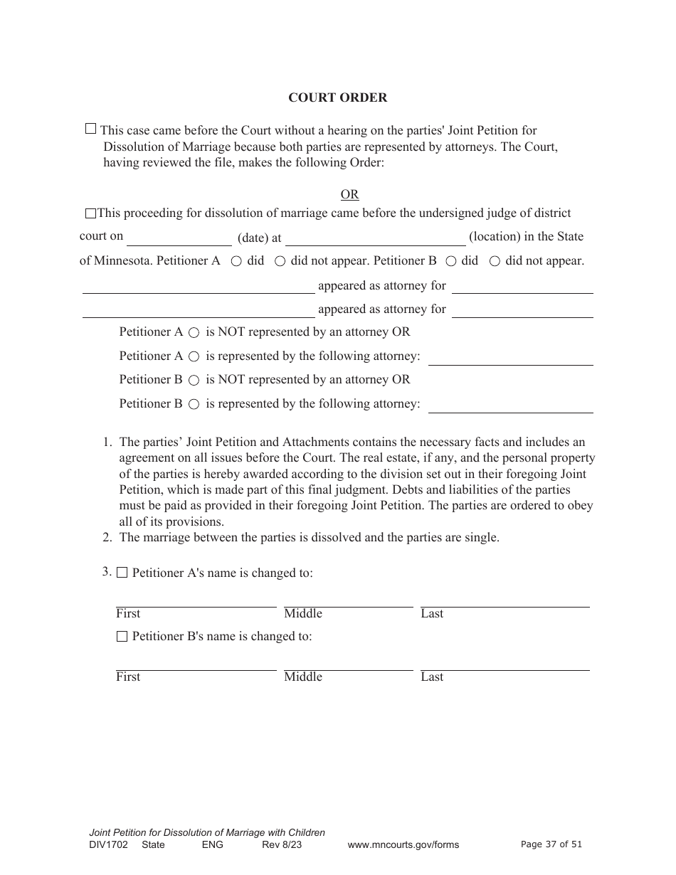 Form DIV1702 Joint Petition, Agreement, and Judgment and Decree for Marriage Dissolution With Children - Minnesota, Page 37