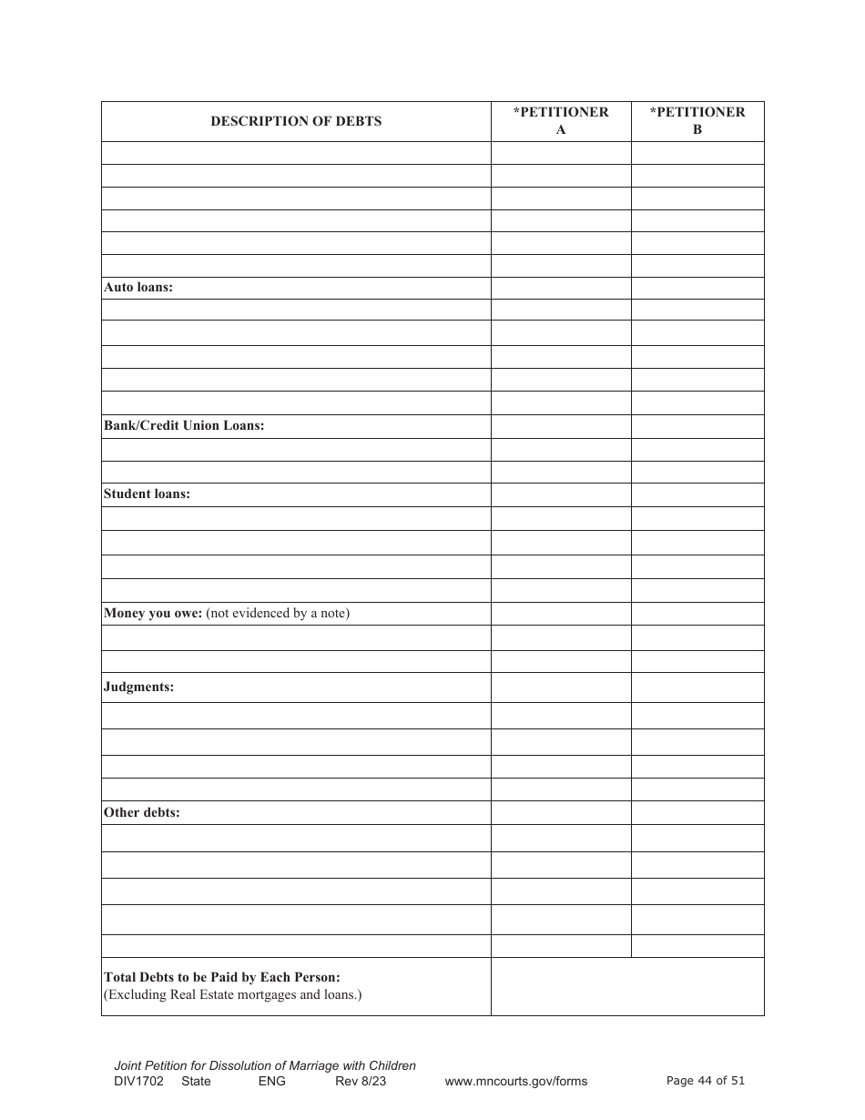 Form DIV1702 Joint Petition, Agreement, and Judgment and Decree for Marriage Dissolution With Children - Minnesota, Page 44