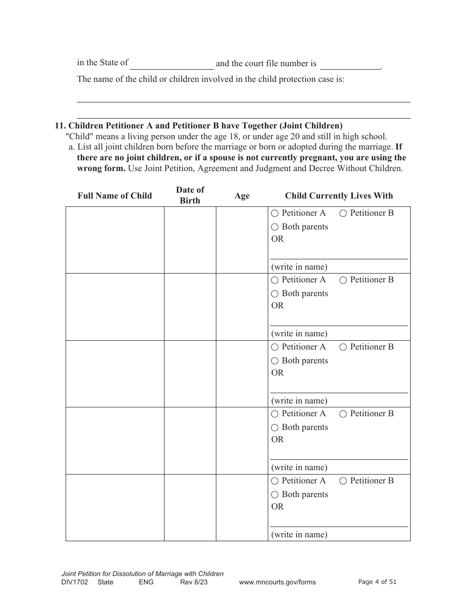 Form DIV1702 Joint Petition, Agreement, and Judgment and Decree for Marriage Dissolution With Children - Minnesota, Page 4