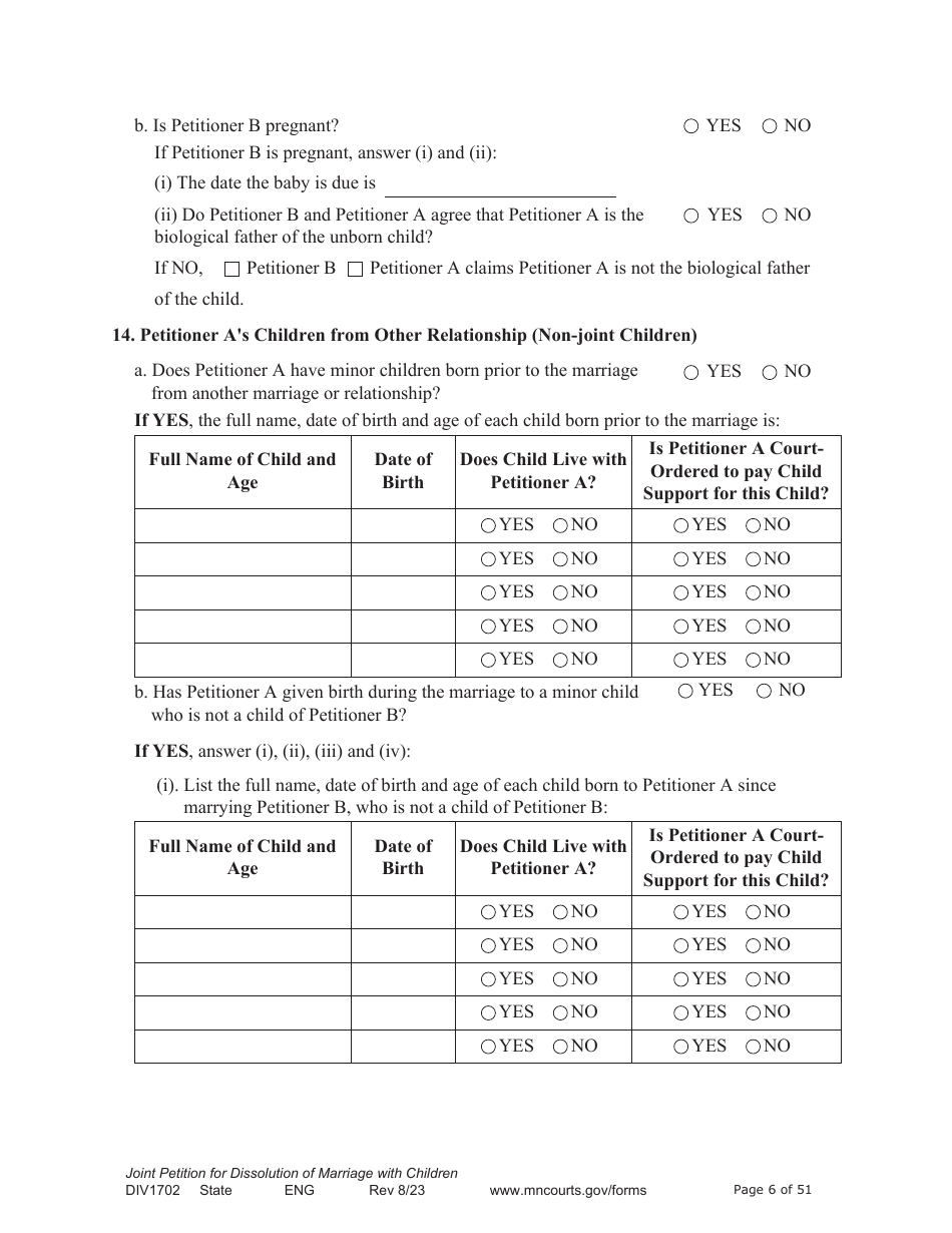 Form DIV1702 Joint Petition, Agreement, and Judgment and Decree for Marriage Dissolution With Children - Minnesota, Page 6