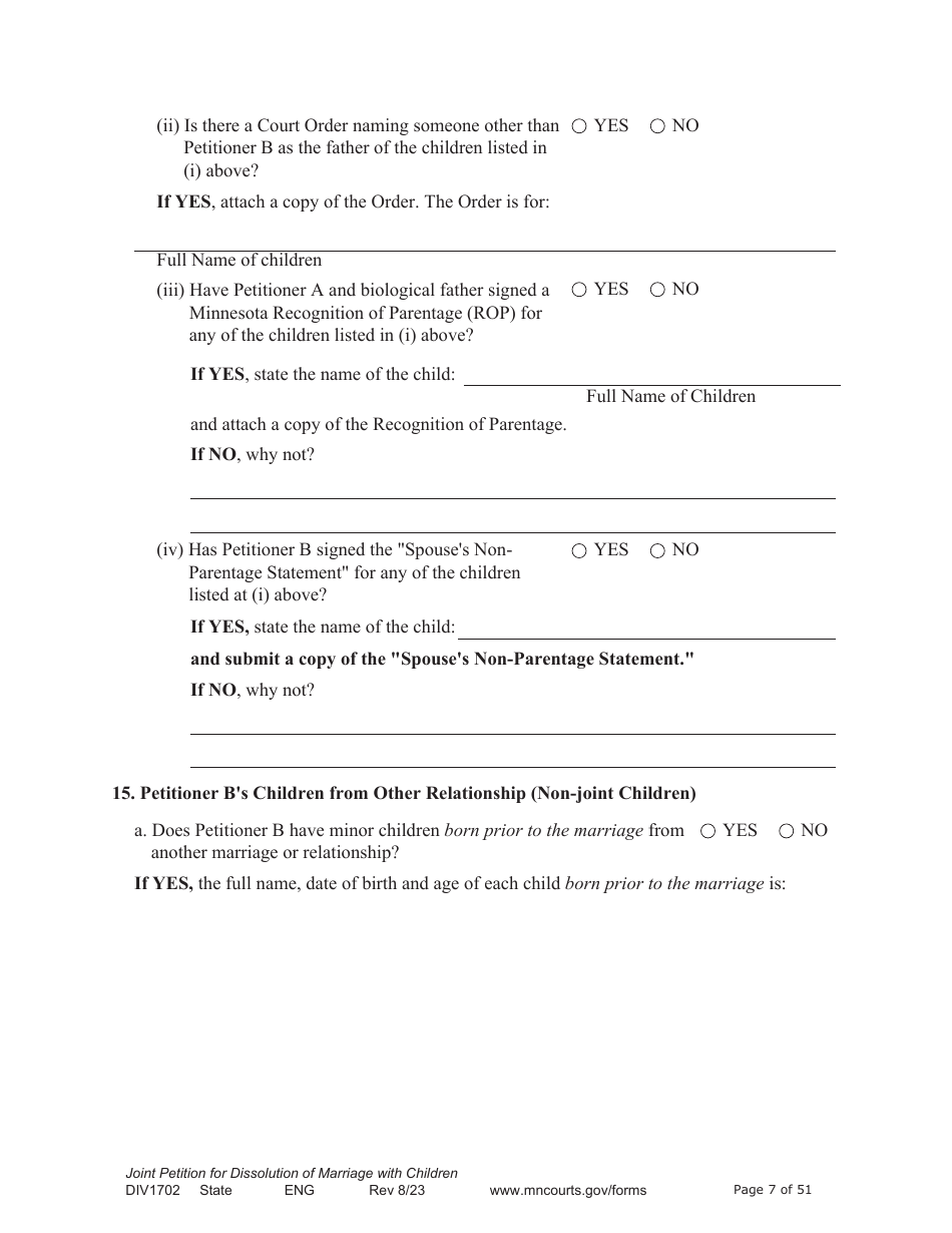 Form DIV1702 Joint Petition, Agreement, and Judgment and Decree for Marriage Dissolution With Children - Minnesota, Page 7