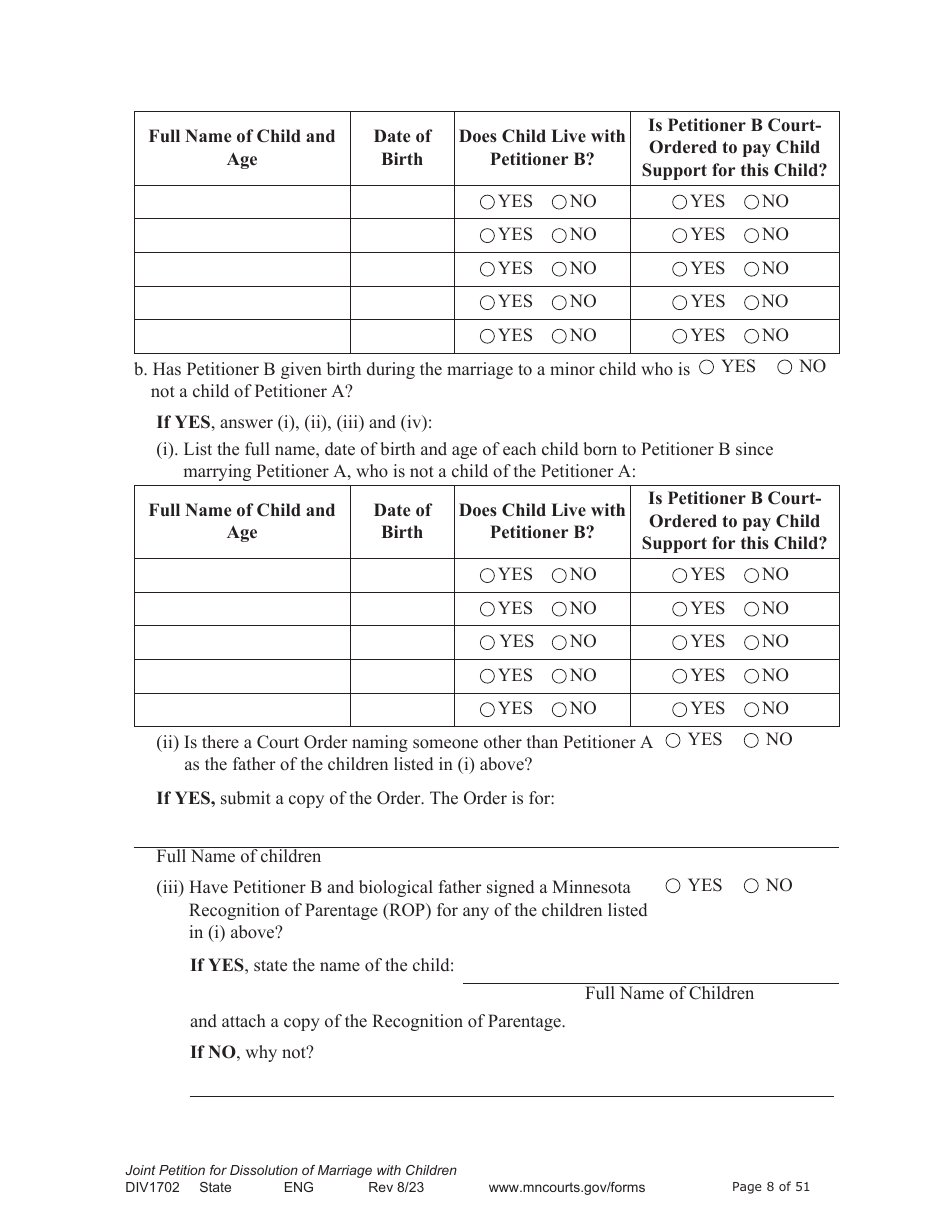 Form DIV1702 Joint Petition, Agreement, and Judgment and Decree for Marriage Dissolution With Children - Minnesota, Page 8