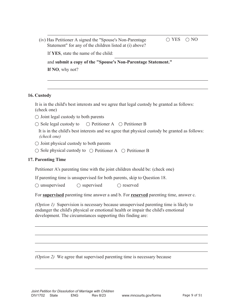 Form DIV1702 Joint Petition, Agreement, and Judgment and Decree for Marriage Dissolution With Children - Minnesota, Page 9