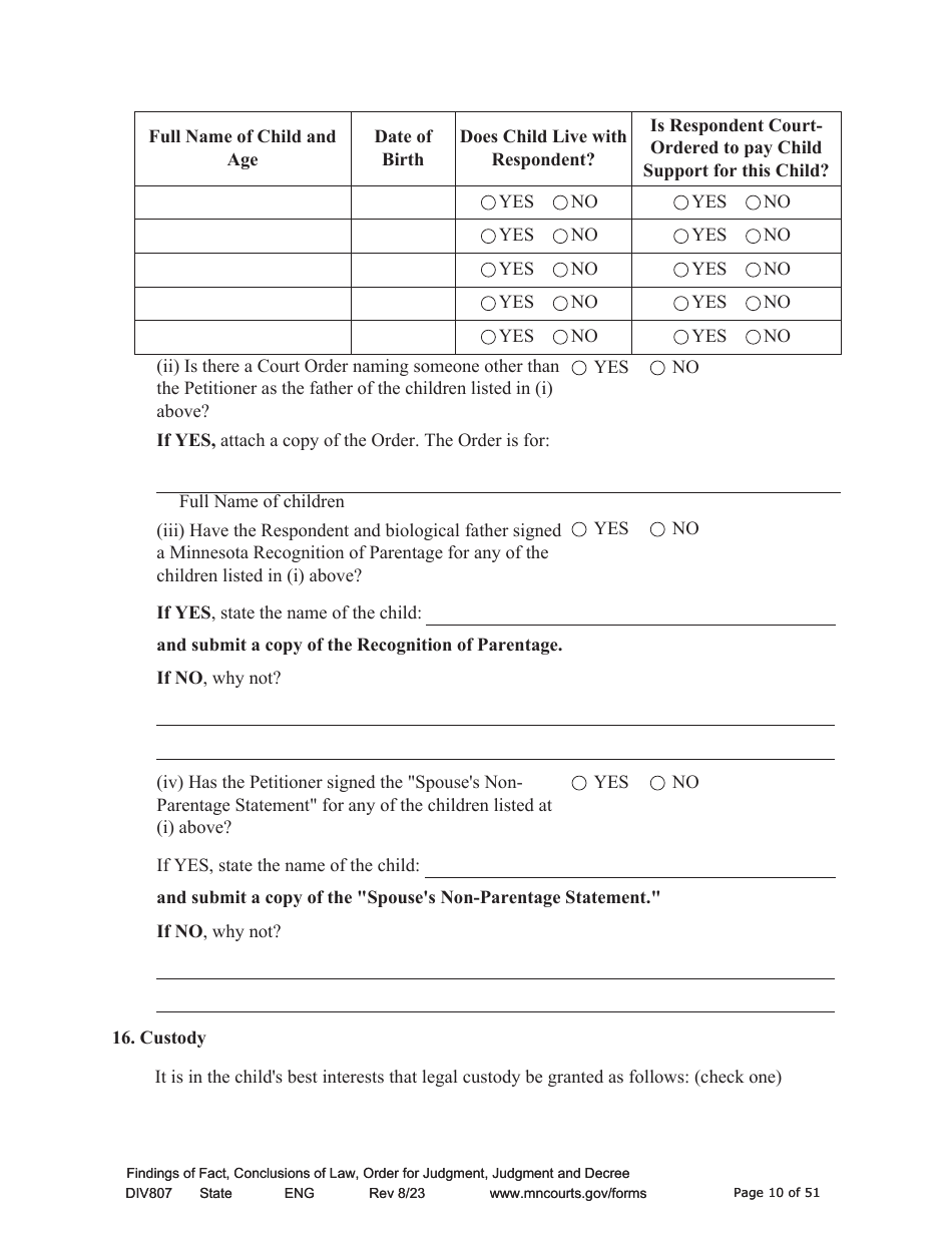 Form DIV807 Findings of Fact, Conclusions of Law, Order for Judgment, Judgment and Decree - Minnesota, Page 10