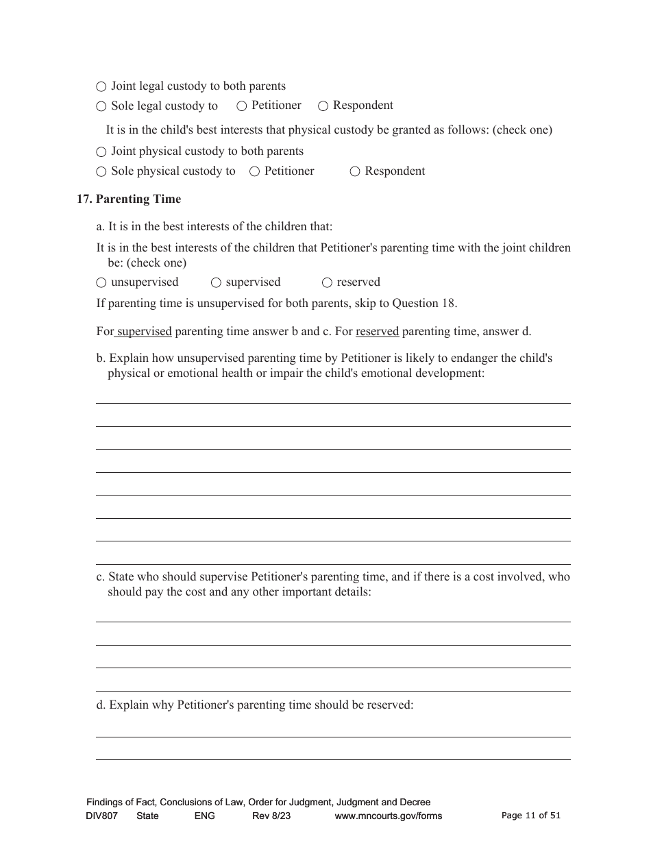 Form DIV807 Findings of Fact, Conclusions of Law, Order for Judgment, Judgment and Decree - Minnesota, Page 11