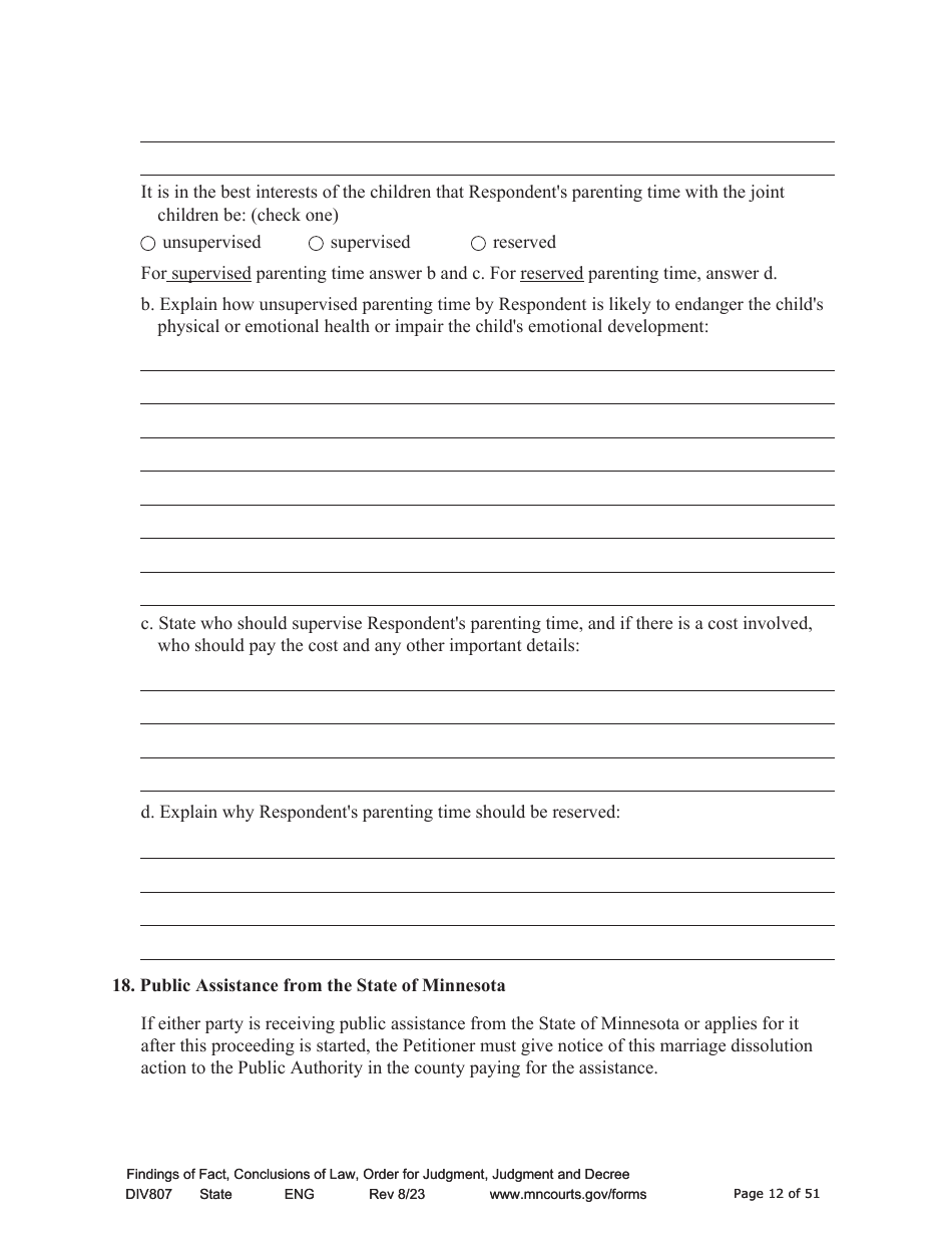 Form DIV807 Findings of Fact, Conclusions of Law, Order for Judgment, Judgment and Decree - Minnesota, Page 12
