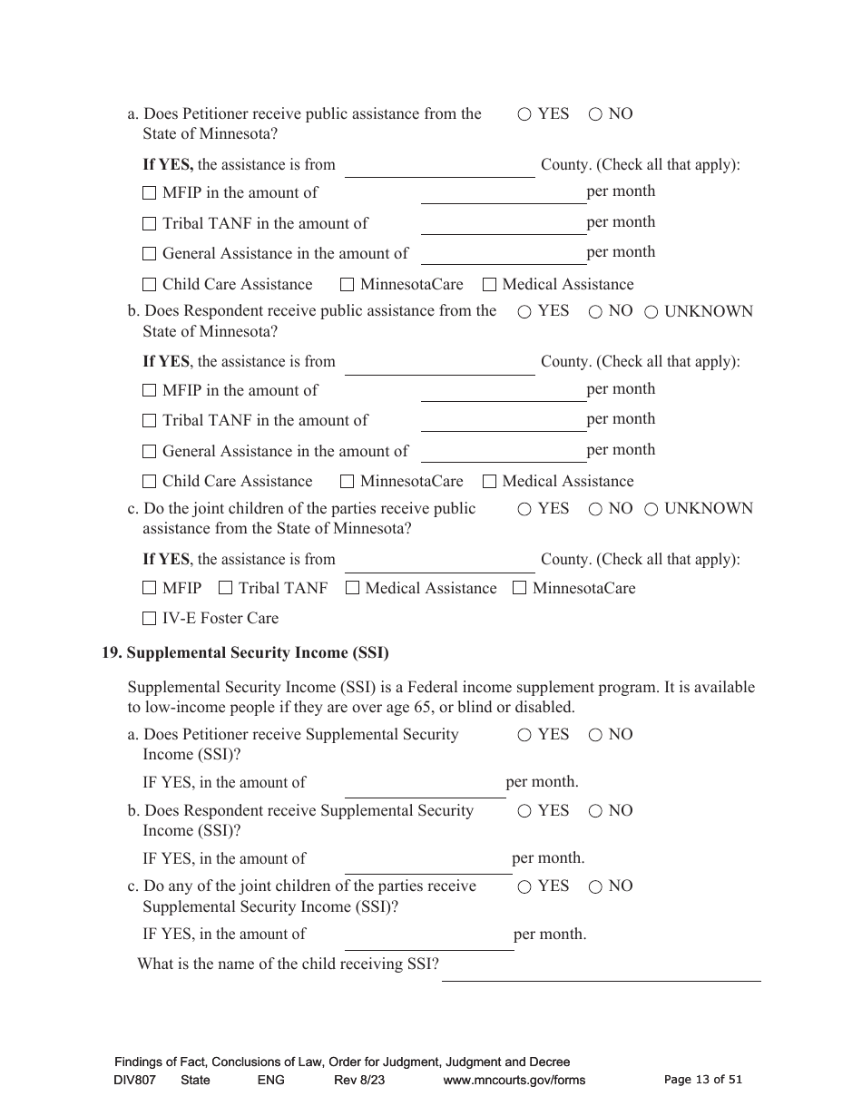Form DIV807 Findings of Fact, Conclusions of Law, Order for Judgment, Judgment and Decree - Minnesota, Page 13
