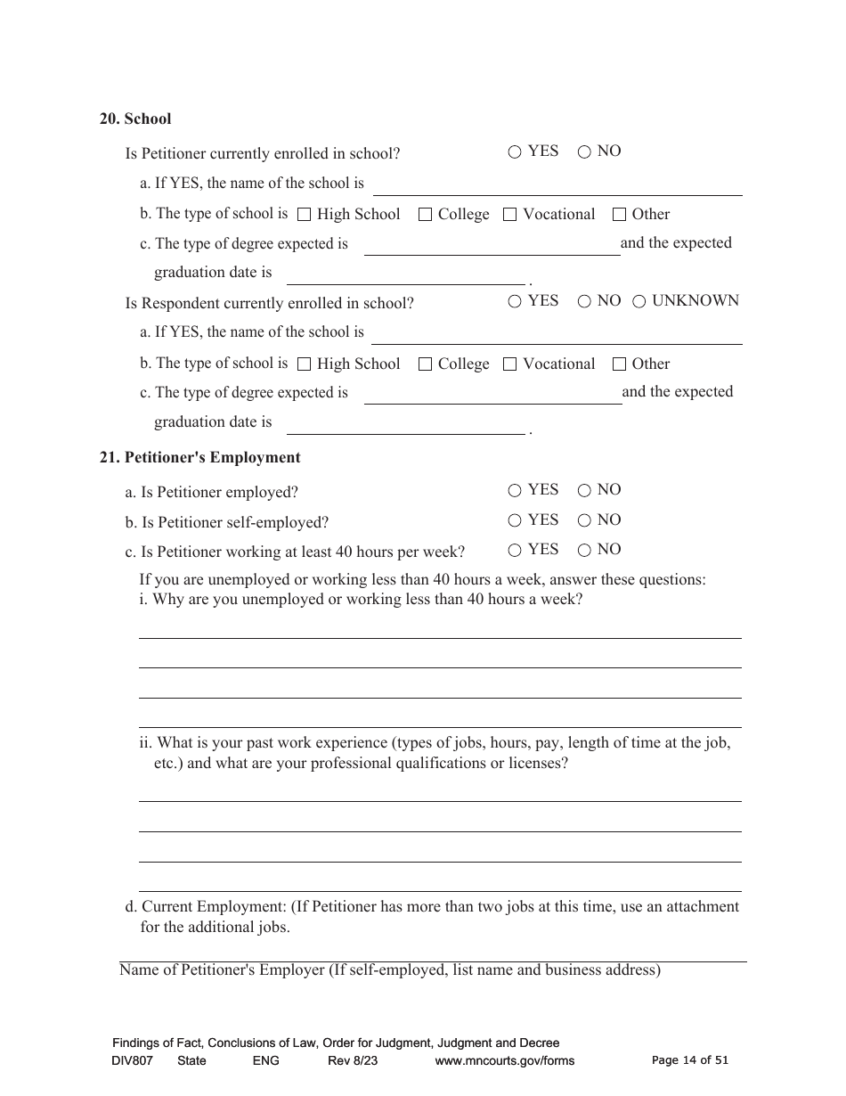 Form DIV807 Findings of Fact, Conclusions of Law, Order for Judgment, Judgment and Decree - Minnesota, Page 14