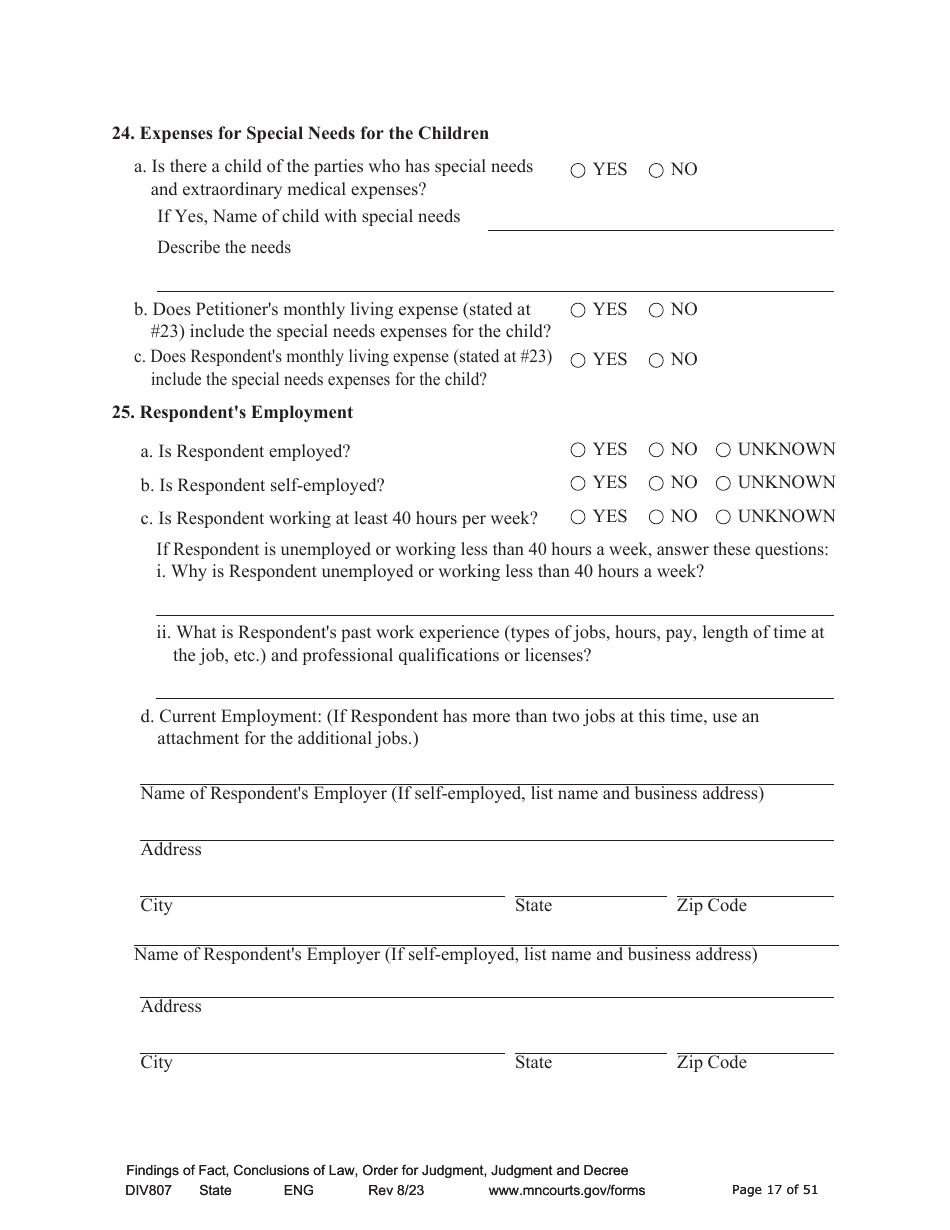 Form DIV807 Findings of Fact, Conclusions of Law, Order for Judgment, Judgment and Decree - Minnesota, Page 17