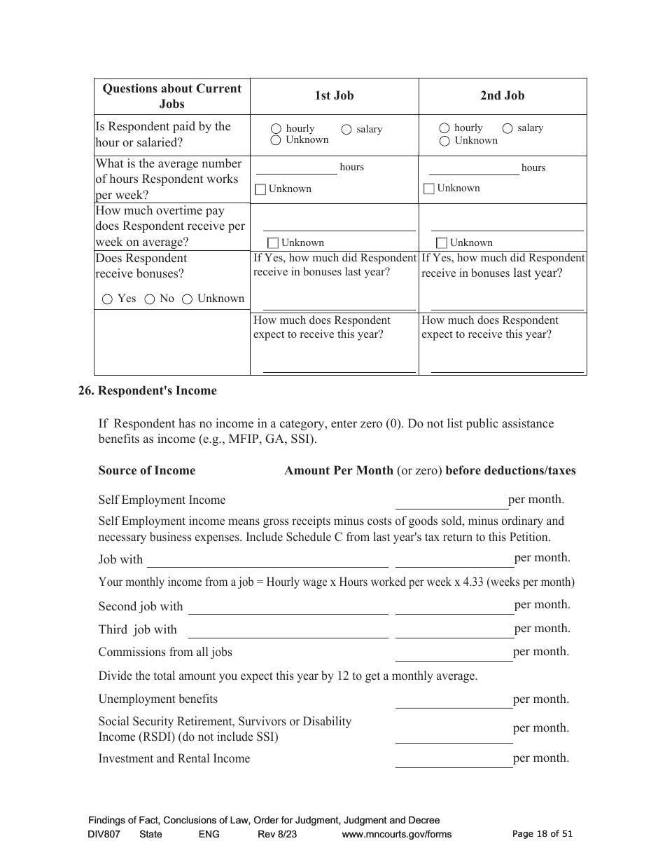 Form DIV807 Findings of Fact, Conclusions of Law, Order for Judgment, Judgment and Decree - Minnesota, Page 18