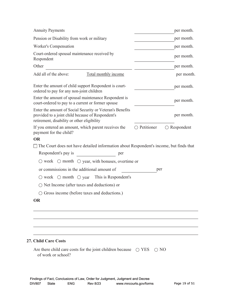 Form DIV807 Findings of Fact, Conclusions of Law, Order for Judgment, Judgment and Decree - Minnesota, Page 19