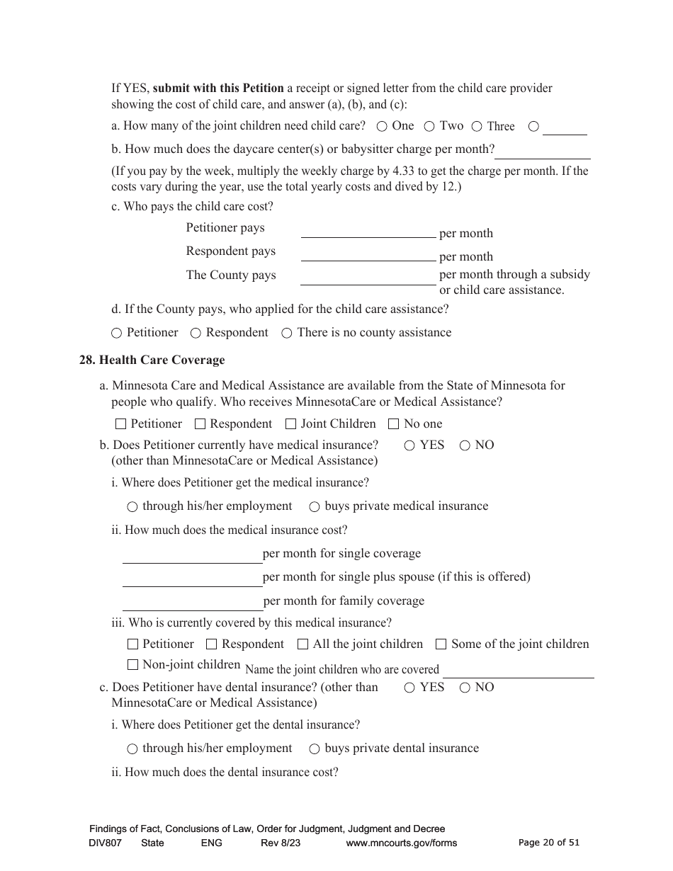 Form DIV807 Findings of Fact, Conclusions of Law, Order for Judgment, Judgment and Decree - Minnesota, Page 20