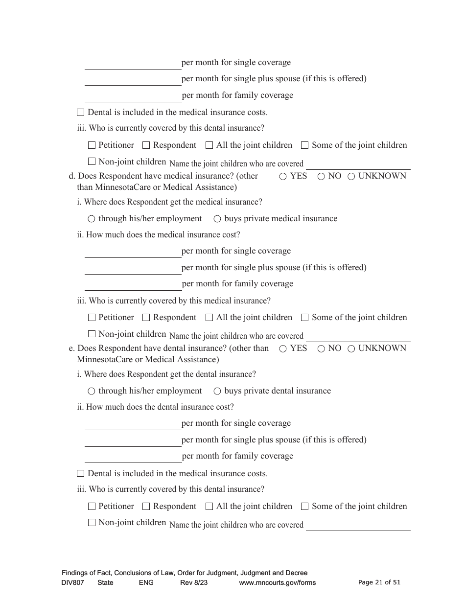 Form DIV807 Findings of Fact, Conclusions of Law, Order for Judgment, Judgment and Decree - Minnesota, Page 21