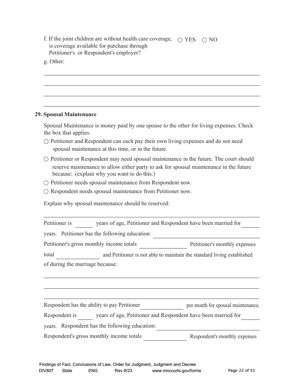 Form DIV807 Findings of Fact, Conclusions of Law, Order for Judgment, Judgment and Decree - Minnesota, Page 22