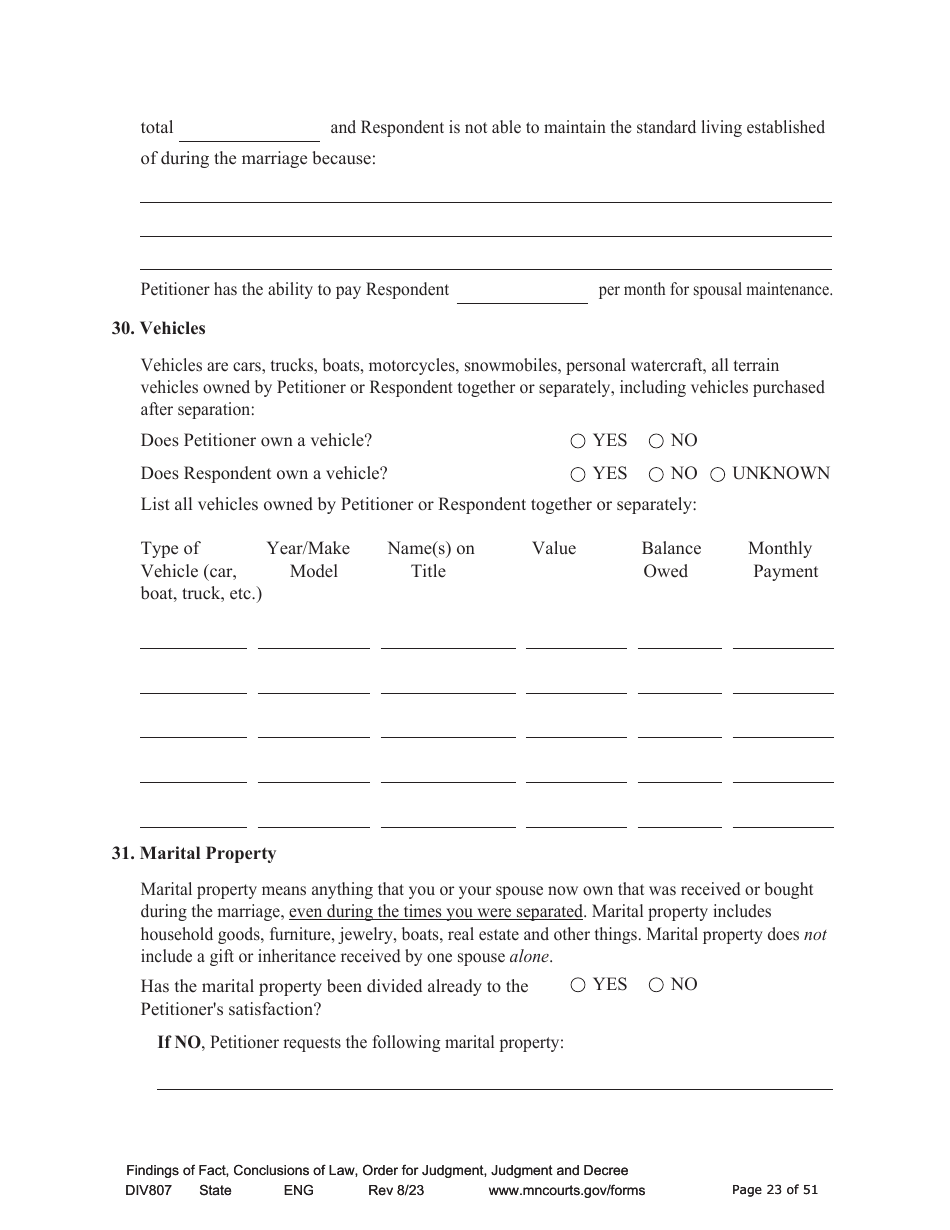 Form DIV807 Findings of Fact, Conclusions of Law, Order for Judgment, Judgment and Decree - Minnesota, Page 23