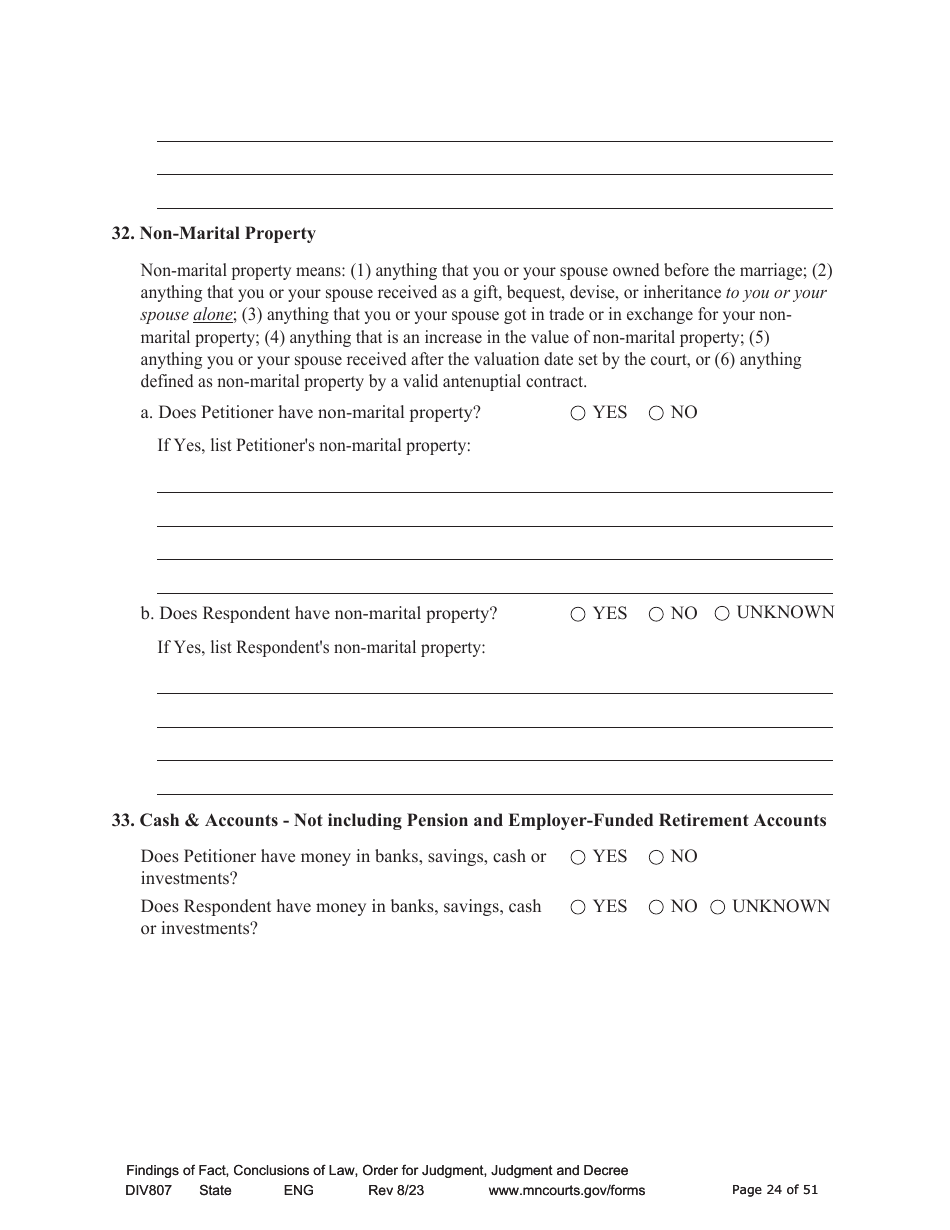 Form DIV807 Findings of Fact, Conclusions of Law, Order for Judgment, Judgment and Decree - Minnesota, Page 24