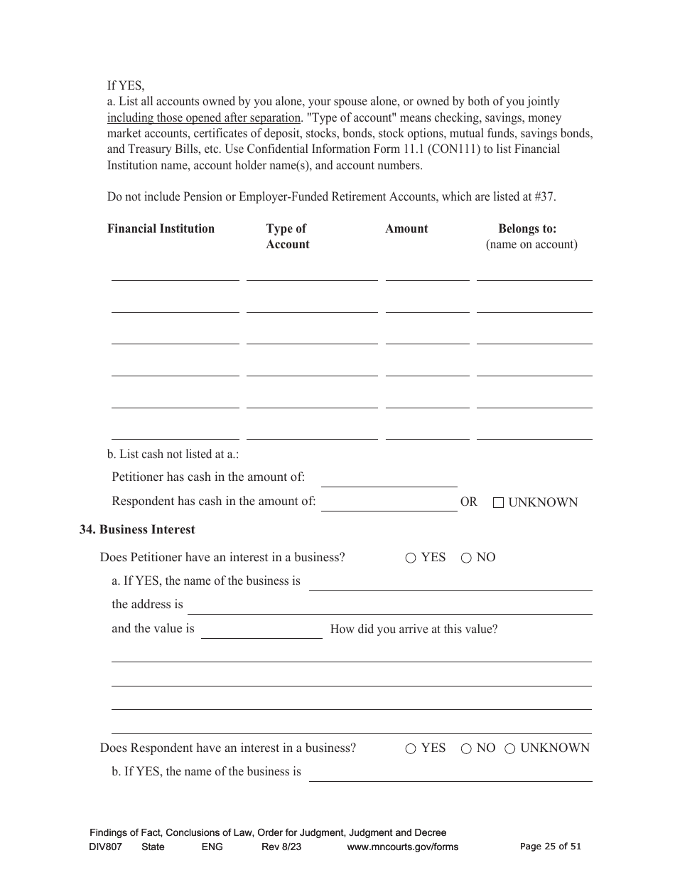 Form DIV807 Findings of Fact, Conclusions of Law, Order for Judgment, Judgment and Decree - Minnesota, Page 25