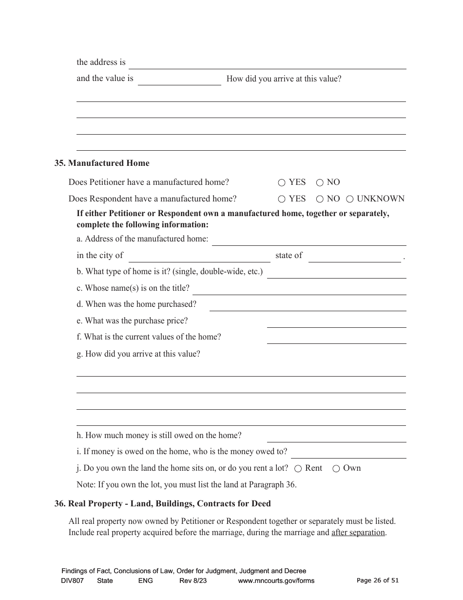 Form DIV807 Findings of Fact, Conclusions of Law, Order for Judgment, Judgment and Decree - Minnesota, Page 26