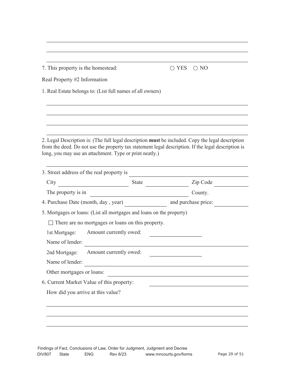 Form DIV807 Findings of Fact, Conclusions of Law, Order for Judgment, Judgment and Decree - Minnesota, Page 29