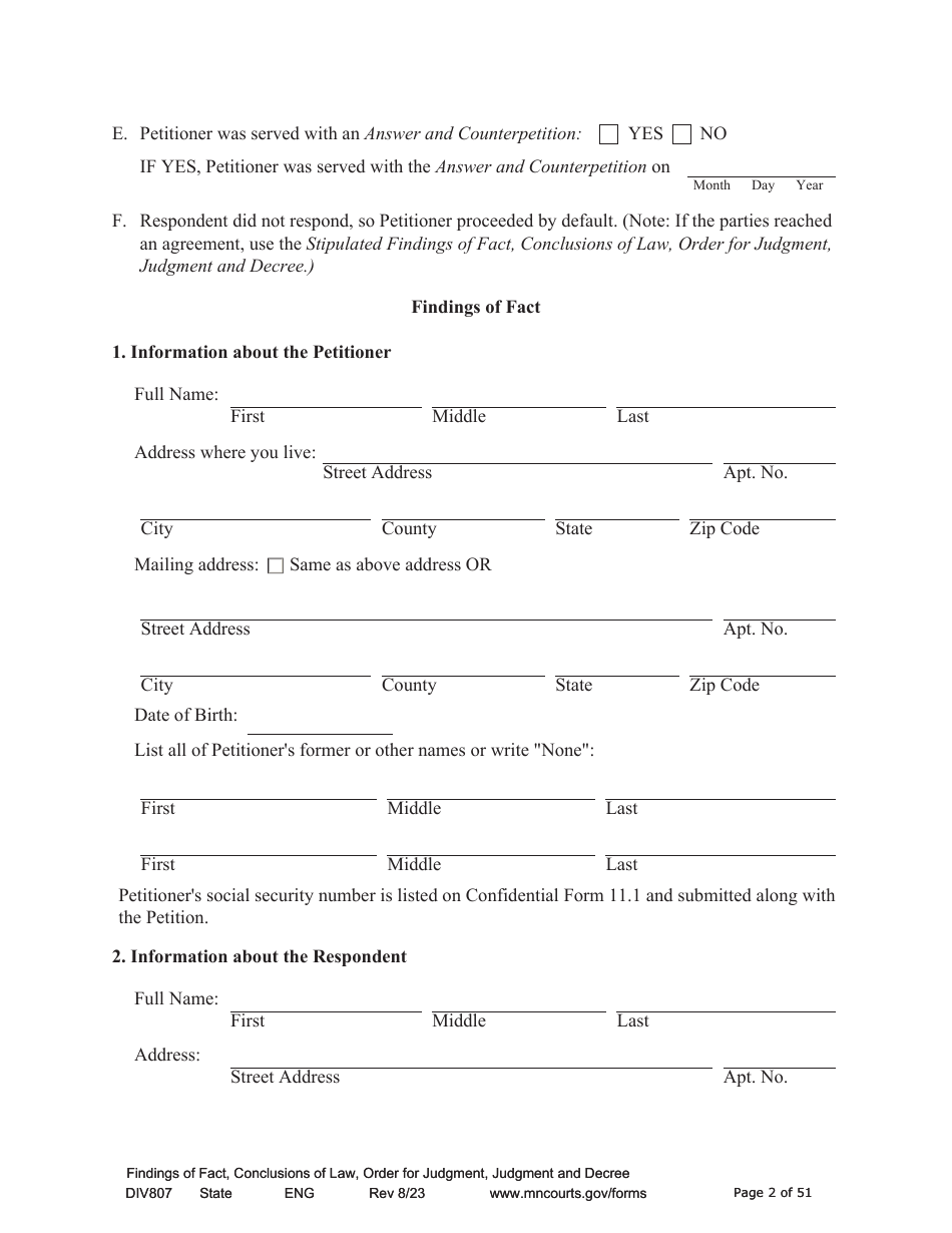 Form DIV807 Findings of Fact, Conclusions of Law, Order for Judgment, Judgment and Decree - Minnesota, Page 2