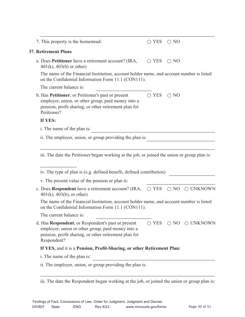 Form DIV807 Findings of Fact, Conclusions of Law, Order for Judgment, Judgment and Decree - Minnesota, Page 30