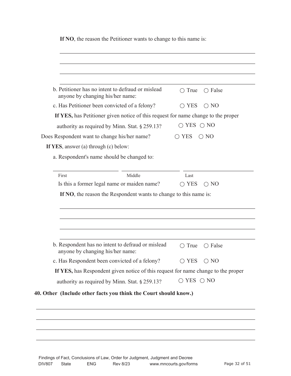 Form DIV807 Findings of Fact, Conclusions of Law, Order for Judgment, Judgment and Decree - Minnesota, Page 32