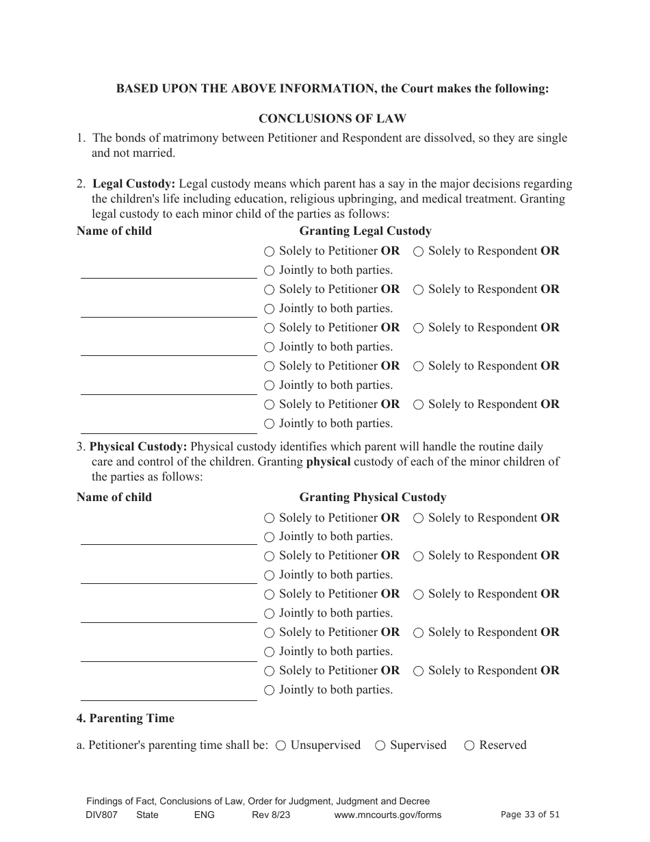 Form DIV807 Findings of Fact, Conclusions of Law, Order for Judgment, Judgment and Decree - Minnesota, Page 33