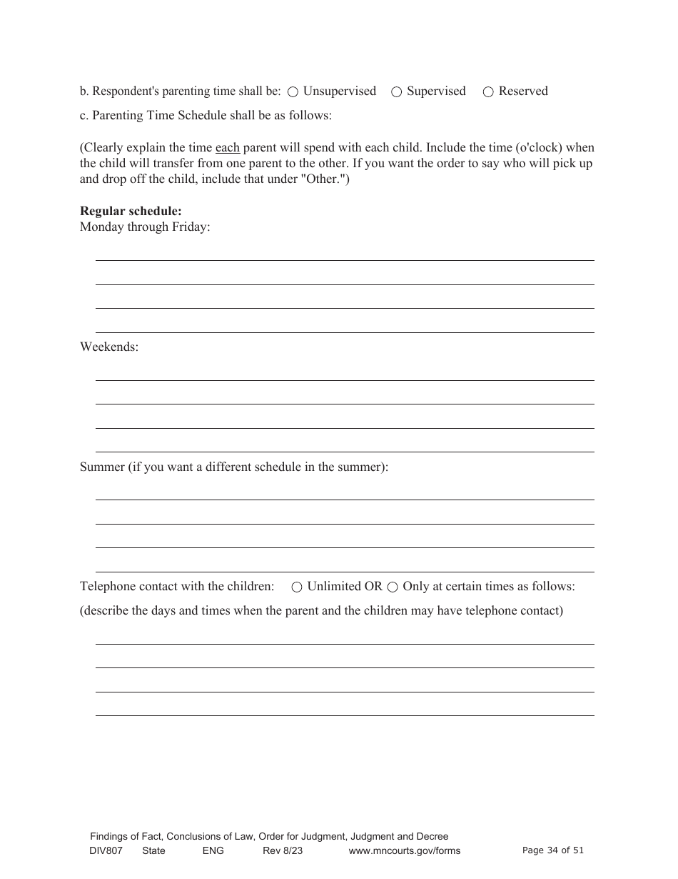 Form DIV807 Findings of Fact, Conclusions of Law, Order for Judgment, Judgment and Decree - Minnesota, Page 34