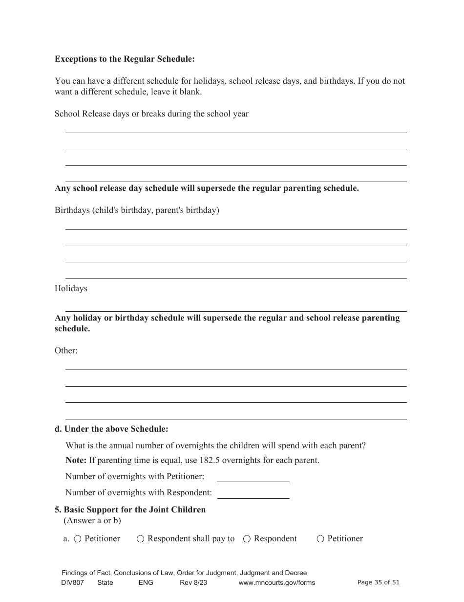 Form DIV807 Findings of Fact, Conclusions of Law, Order for Judgment, Judgment and Decree - Minnesota, Page 35
