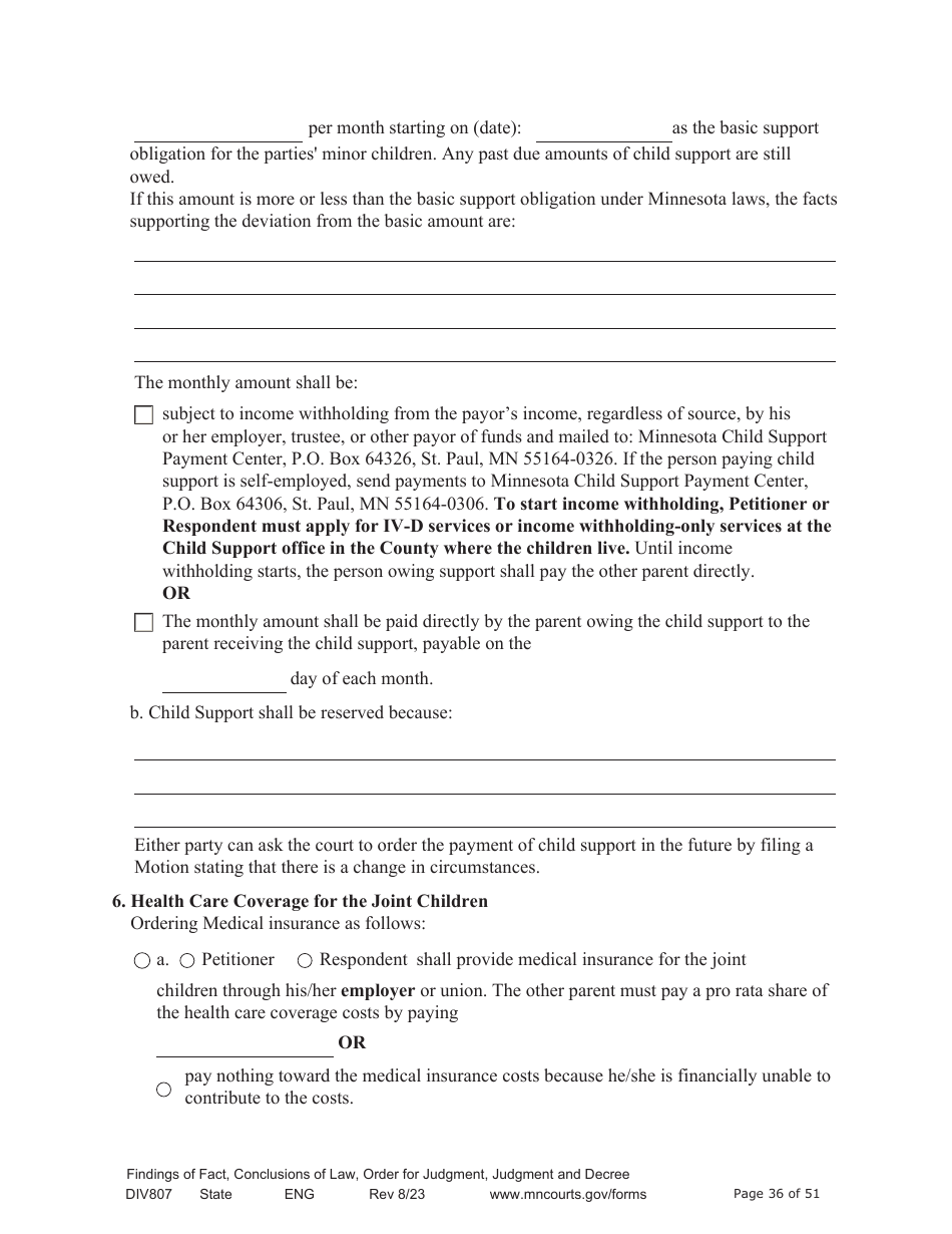 Form DIV807 Findings of Fact, Conclusions of Law, Order for Judgment, Judgment and Decree - Minnesota, Page 36