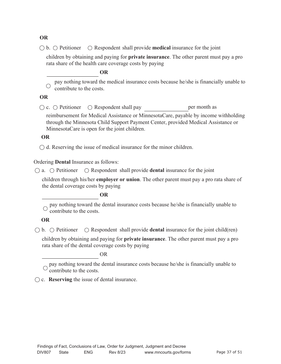 Form DIV807 Findings of Fact, Conclusions of Law, Order for Judgment, Judgment and Decree - Minnesota, Page 37