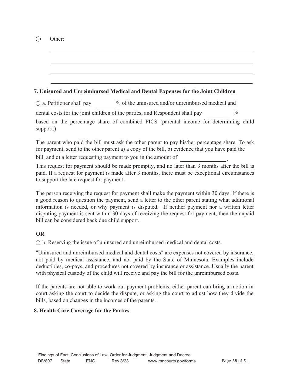 Form DIV807 Findings of Fact, Conclusions of Law, Order for Judgment, Judgment and Decree - Minnesota, Page 38
