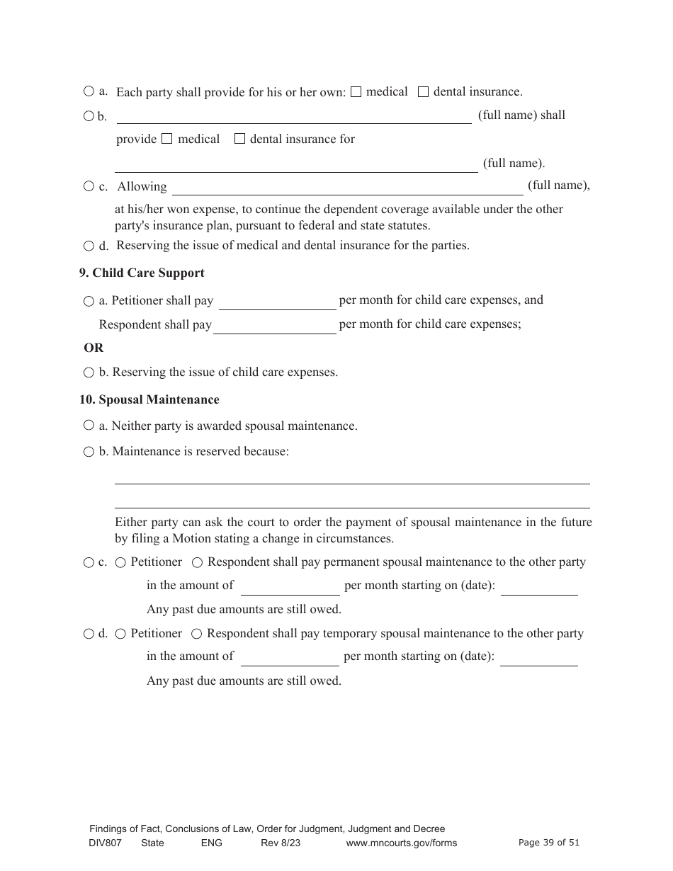 Form DIV807 Findings of Fact, Conclusions of Law, Order for Judgment, Judgment and Decree - Minnesota, Page 39