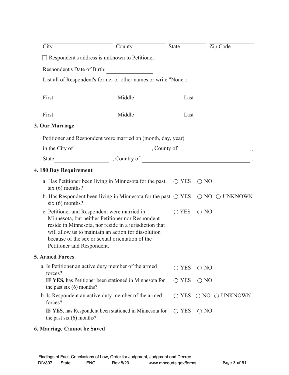 Form DIV807 Findings of Fact, Conclusions of Law, Order for Judgment, Judgment and Decree - Minnesota, Page 3
