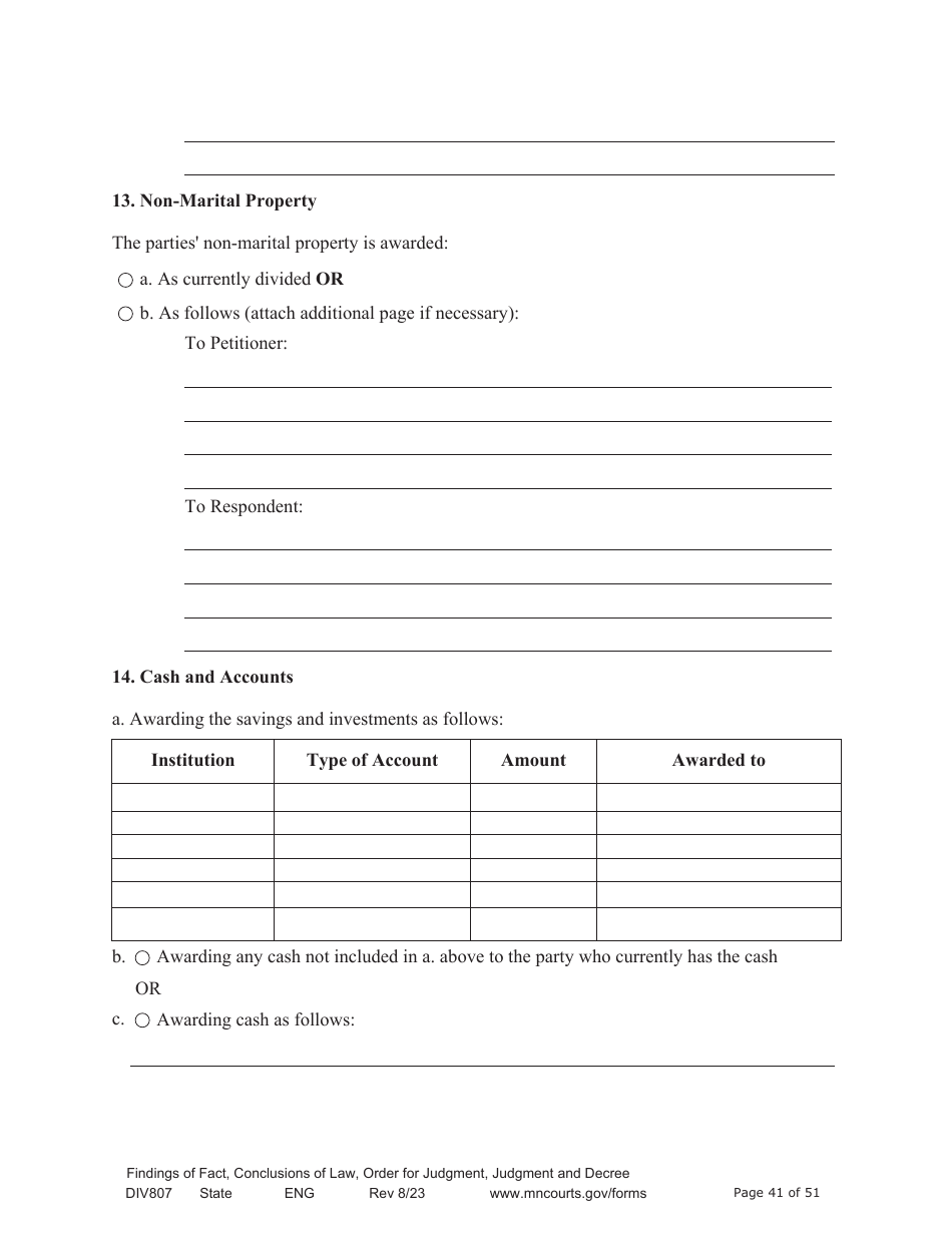 Form DIV807 Findings of Fact, Conclusions of Law, Order for Judgment, Judgment and Decree - Minnesota, Page 41