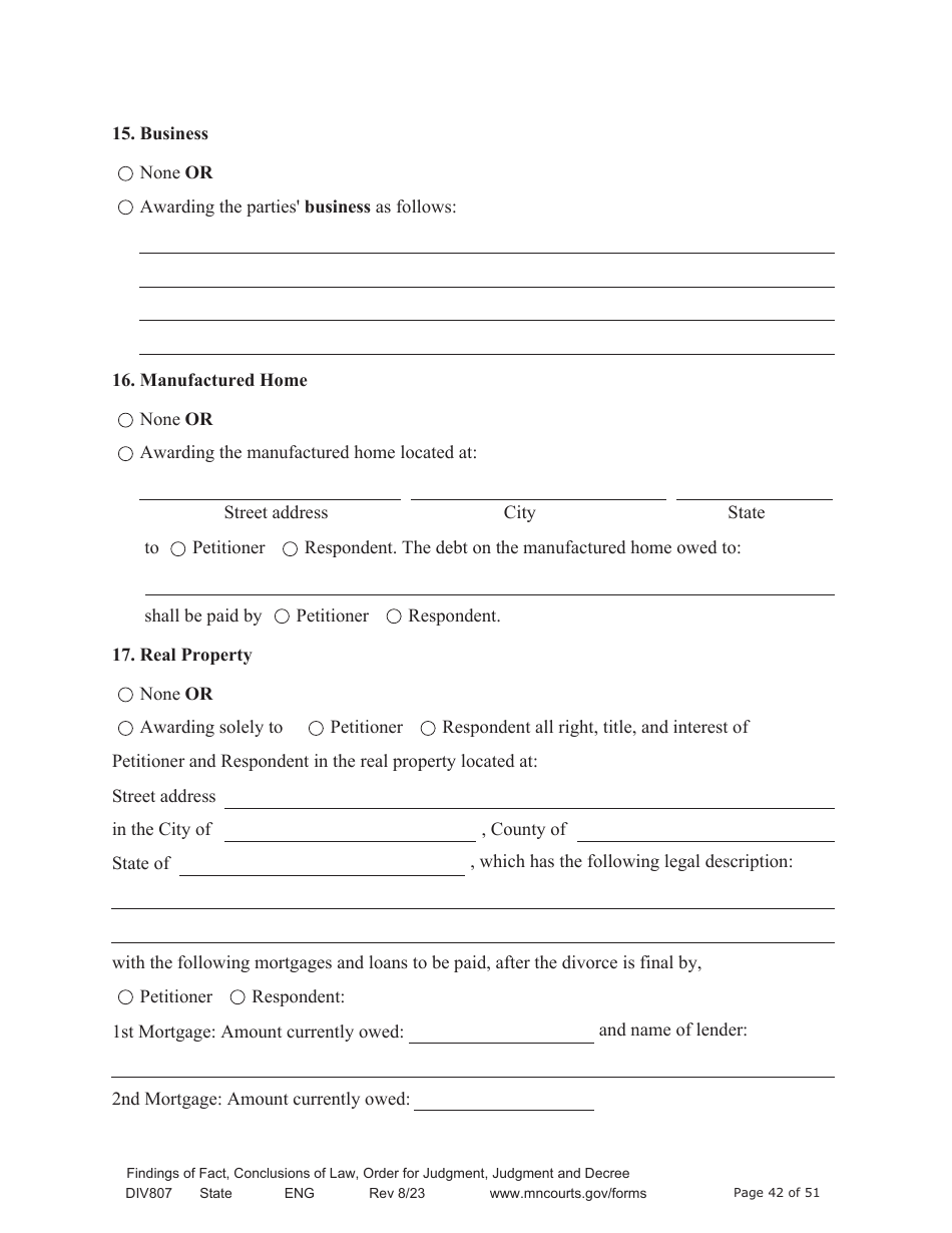 Form DIV807 Findings of Fact, Conclusions of Law, Order for Judgment, Judgment and Decree - Minnesota, Page 42