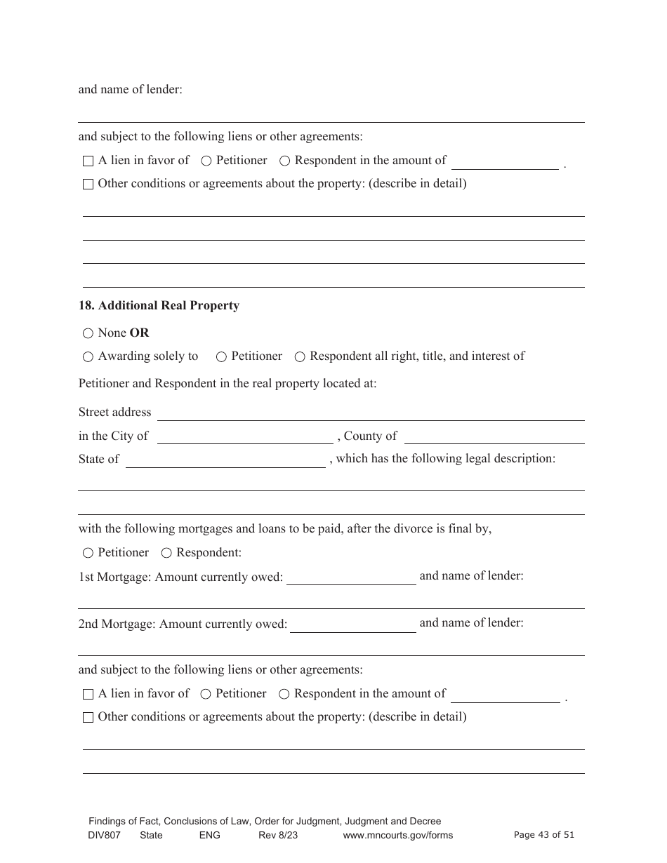 Form DIV807 Findings of Fact, Conclusions of Law, Order for Judgment, Judgment and Decree - Minnesota, Page 43