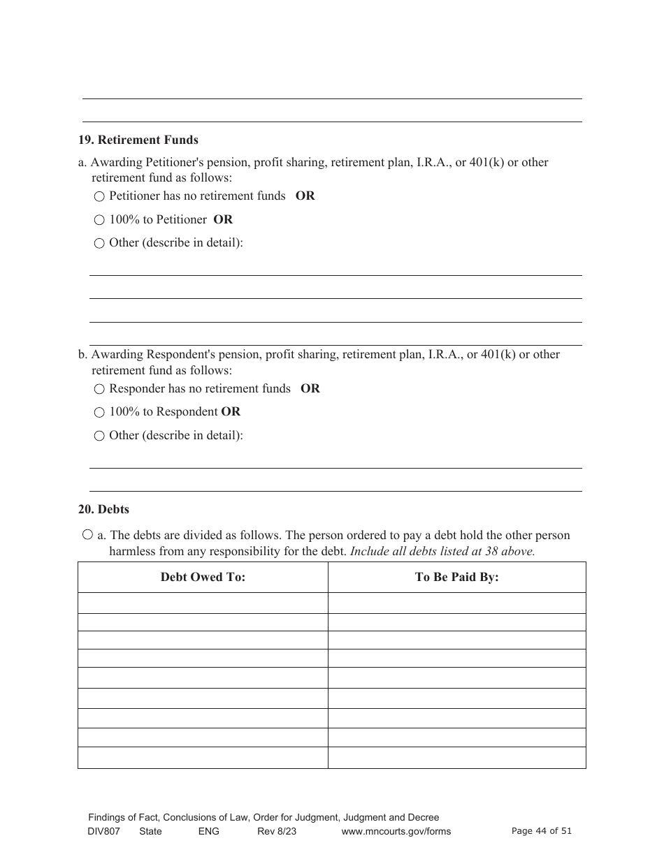 Form DIV807 Findings of Fact, Conclusions of Law, Order for Judgment, Judgment and Decree - Minnesota, Page 44