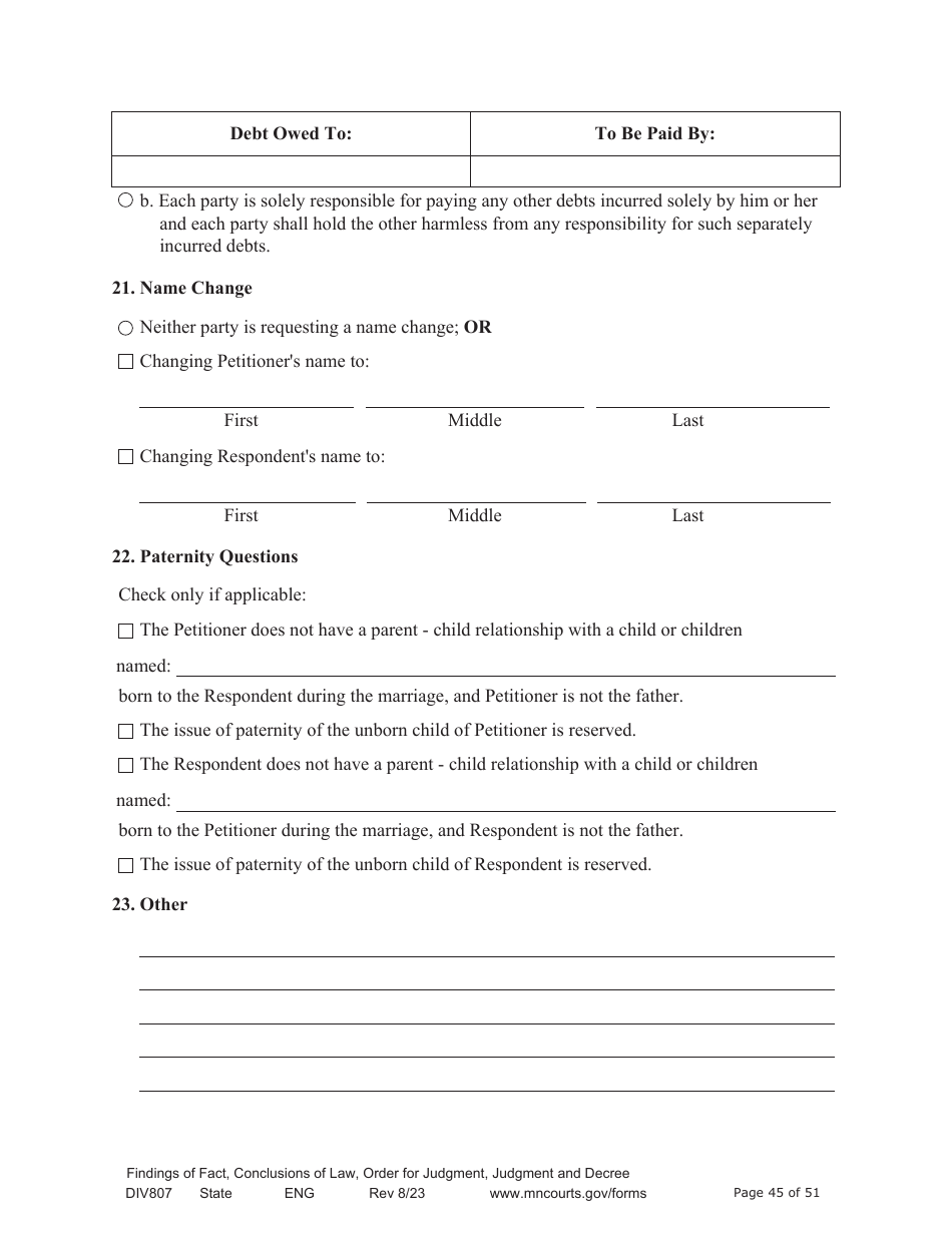 Form DIV807 Findings of Fact, Conclusions of Law, Order for Judgment, Judgment and Decree - Minnesota, Page 45
